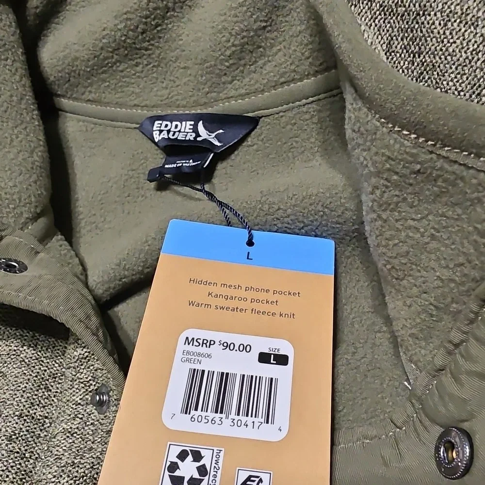 Eddie Bauer Men's Green Mock Neck Logo Button Fleece Knit Pullover Sweater L - Picture 3 of 4